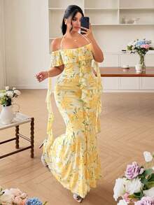 Modelyn 優雅滿版印花露肩荷葉邊修身合身大尺碼春夏季洋裝 - 彩色 - 查看 7