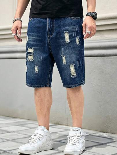 Manfinity Homme Herren Große Größen Lässig Jeans Shorts mit Taschen und Destroyed-Optik, vielseitige zerrissene Denim Shorts für Herren im Emo-Stil
