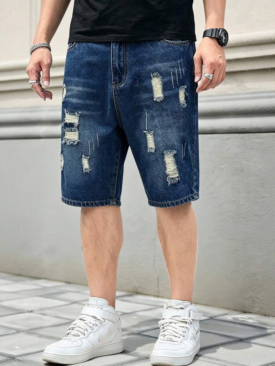 Manfinity Homme Plus Size Men's Casual Pockets Distressed Denim Shorts, Versatile Jean Shorts For Men Ripped, Emo Style - Blue - View 1