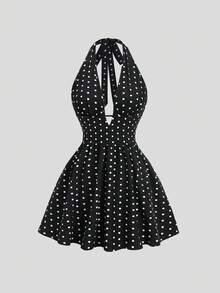 Sweetra Women's French Romantic Elegant Vintage Black Polka Dot Halter Neck Deep V-Neck Dress - Black - View 1
