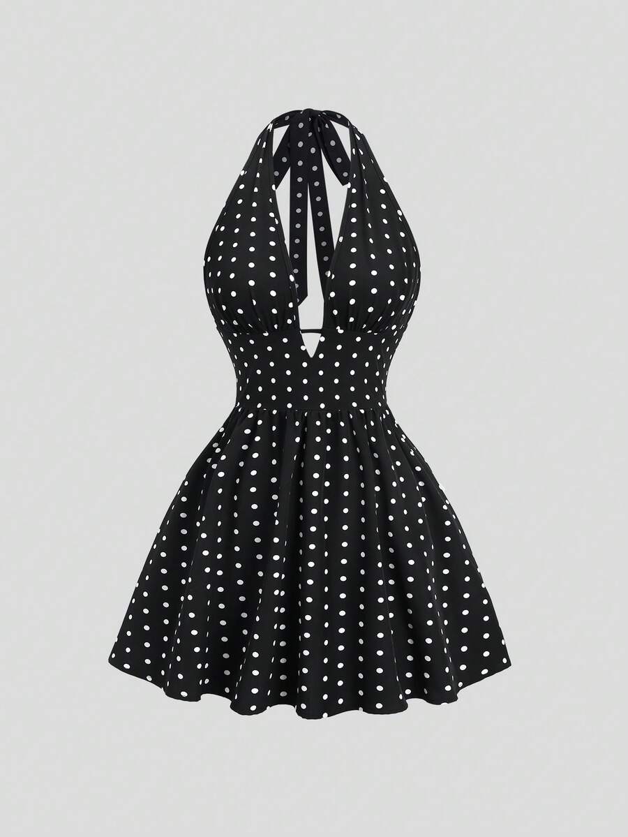 Sweetra Women's French Romantic Elegant Vintage Black Polka Dot Halter Neck Deep V-Neck Dress - Black - View 1