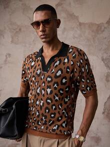 AKNOTIC Men's Leopard Print Short Sleeve Knit Top - Coffee Brown - View 4