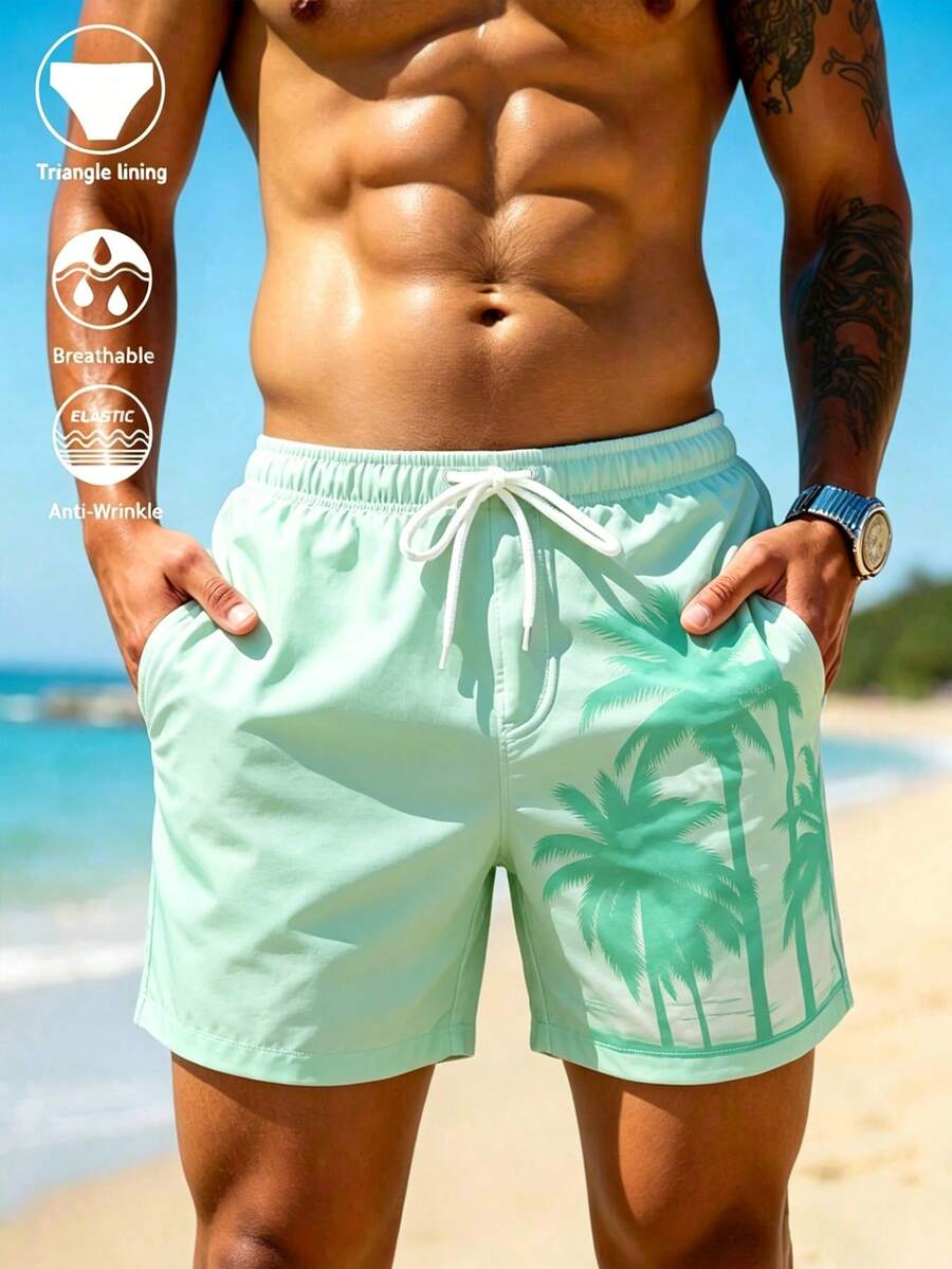 Manfinity Swimmode 男士抽繩腰椰子樹印花休閒度假海灘短褲,假期款 - 薄荷綠 - 查看 1