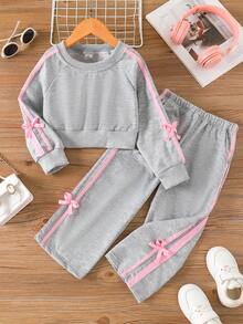 Elladie kids 2件組 4-7歲女童可愛春/秋季圓領長袖上衣，附蝴蝶結3D裝飾，運動風織帶飾邊長褲，柔軟衛衣布料，適合返校、假期、夏季穿搭、旅行、派對場合 - 灰色 - 查看 4