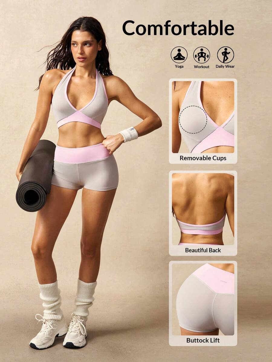 VARSIVA Women's Colorblock Cropped Halter Neck Tank Top And Shorts Sports Set
