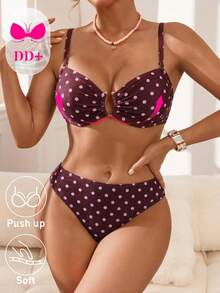 Swim DD+ 女款夏季海灘波點抓皺細肩帶比基尼三角褲兩件式泳衣套裝 - 中紫紅色 - View 5