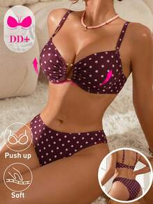 Swim DD+ 女款夏季海灘波點抓皺細肩帶比基尼三角褲兩件式泳衣套裝 - 中紫紅色 - View 6