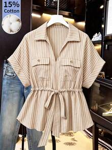 GlowEve CURVE Plus Size Women's New French Elegant Traditional Minimalist Commuter Casual Vacation Lapel Summer Solid Color V-Neck Front Slit Waist Cinched Shirt - Multicolor - View 3