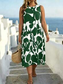 SHEIN LUNE CURVE Plus Size Women Vacation Floral Print Contrast Color Sleeveless Dress, Beach - Dark Green - View 8
