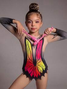 Young Girls' Patterned Gymnastics Leotard, Printed Design, High Elasticity Fabric, Team Competition, Individual Training - Multicolor - View 5