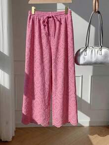 Comfortcana Plus Size Fuchsia Embroidered Loose Pants, Spring/Summer - Hot Pink - View 2