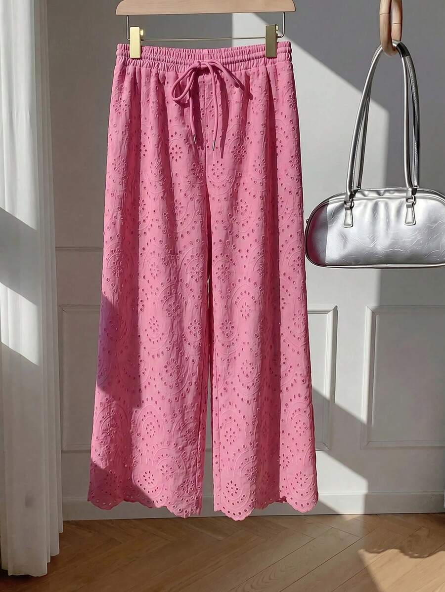 Comfortcana Plus Size Fuchsia Embroidered Loose Pants, Spring/Summer