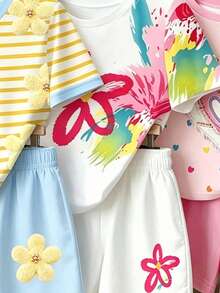 (隨機3款，發送1套)夏季女童幼兒清新彩色花卉愛心拼接黃色條紋花朵圖案印花休閒基礎短袖T恤短褲套裝 - 彩色 - 查看 4