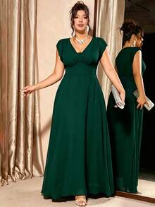 Elenzga Plus Size Women's Solid Color V-Neck Short Sleeve Pleated High Waist Dress - Dark Green - View 4