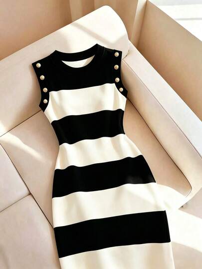 SHEIN Franclia Robe tricotée sans manches à rayures noires et abricot classique français pour femmes, décoration de boucle à l'épaule, jupe moulante mi-longue ajustée à la taille