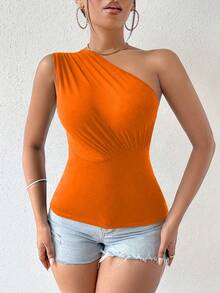 SHEIN PETITE 女款純色單肩抓皺修身百搭日常穿搭上衣 - 橘色 - 查看 6