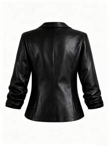 SHEIN Clasi Plus Size Women's PU Leather Casual Jacket With Buttons, Ruched Cuffs, Suitable For Commuting - Black - View 2