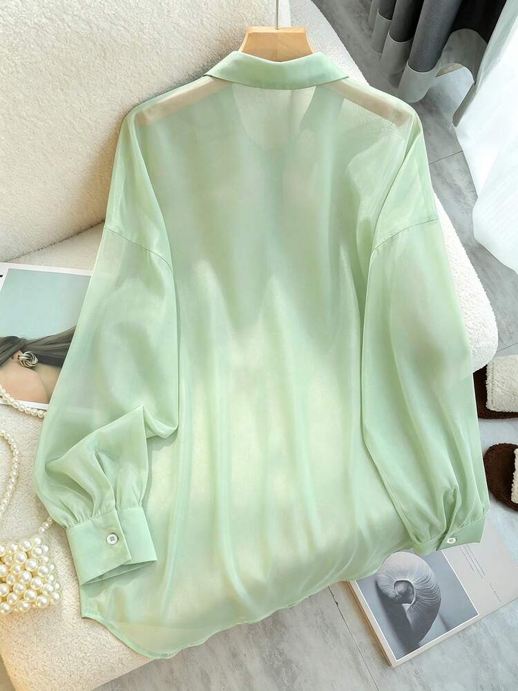 INAWLY Women's Casual Versatile Solid Color Long Sleeve Shirt - Green - View 2