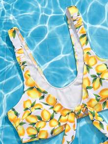 Swim Mod 春夏女款 2 件組海灘裝套裝，時尚熱帶可愛性感度假海邊泳池派對隨機印花水果檸檬白色抓皺上衣套裝 - 彩色 - 查看 6