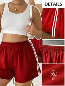 Comfortcana Celana Pendek Kasual Bergaris Samping dengan Pinggang Elastis Ukuran Besar, Merah - Merah - View 12