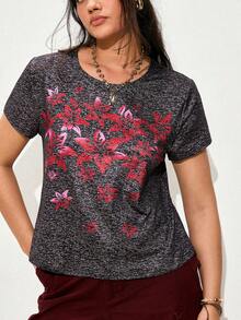 Nubod Plus Size Summer Casual Floral Print Top - Black - View 6