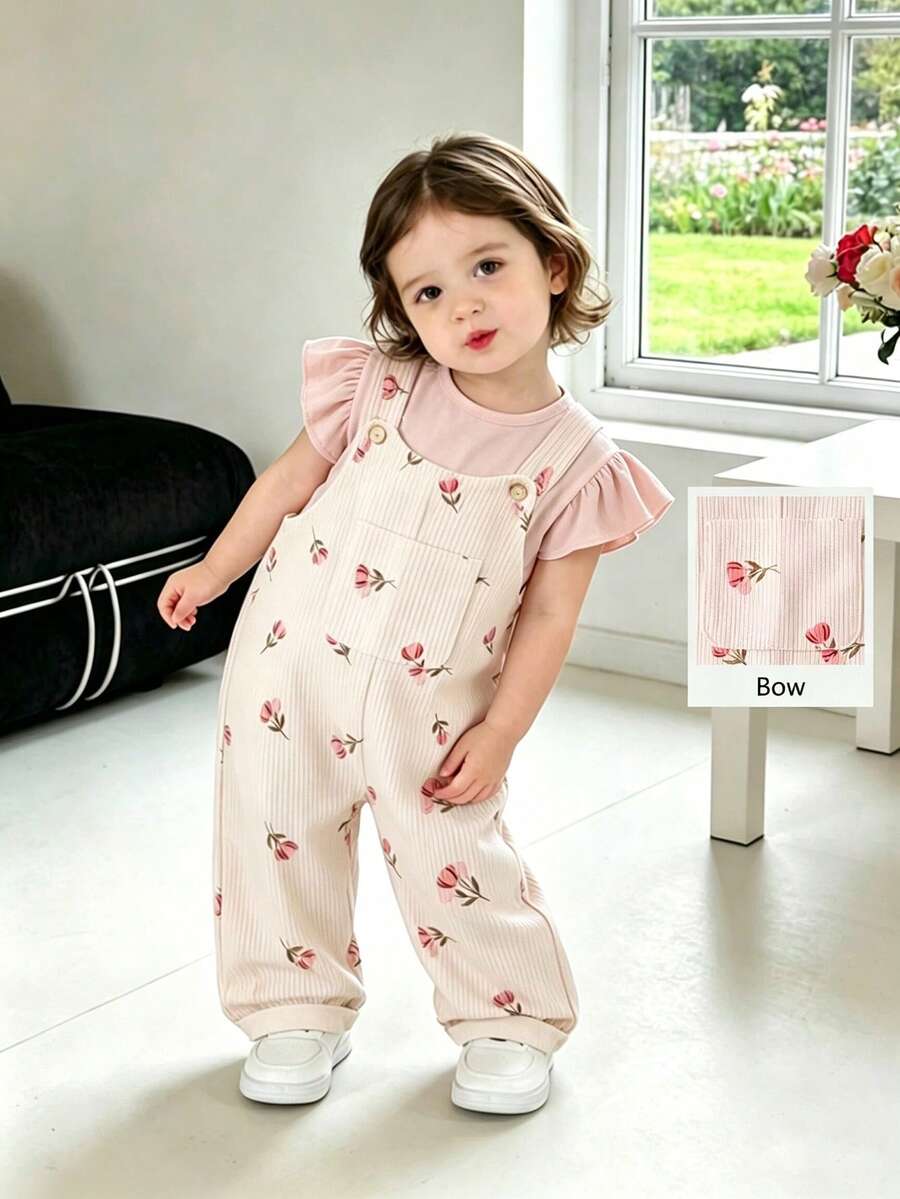 SHEIN Playful Pals 嬰幼兒男女童 0-3 歲夏季全身花卉灰粉色粉色花蕊印花時尚可愛日系燈芯絨吊帶褲套裝，胸前口袋
