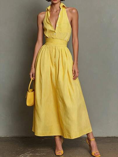 SHEIN Women's Spring/Summer Fresh Lemon Yellow Halter Neck Waist-Cinched Full Skirt Dress, Featuring Lapel Halter Design, Single-Breasted + Chest Pocket Embellishment, Paired With Wide Waist-Cinched And A-Line Full Skirt, Bright Tone Brings Energetic Vibe, Ideal For Summer Outings, Dates, And Casual Gatherings, Women's Lemon Yellow Halter Neck Waist-Cinched Long Dress, Lapel Sleeveless Elegant Dress, Energetic Bright Style Waist-Cinched Full Skirt Dress, Summer Outing Slimming Dress, Fresh Youthful A-Line Long Dress, Sophisticated Halter Neck Dress.