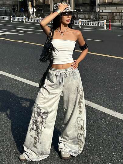 Coolane Going Out Concert Daily City Break Outfits Women Summer Streetwear 90s 90s Y2k Casual Goth Graphics Elastic Waistband Wide Leg Sweatpants Light Grey