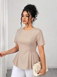 Elenzga Plus Size Women's Elegant Casual Versatile Round Neck Beige Short Sleeve Flared Blouse, Spring/Summer Office Formal - Khaki - View 5