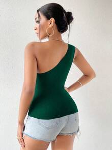 SHEIN PETITE 女款純色抓皺單肩修身百搭休閒性感上衣 深綠色 夏季 - 墨綠色 - 查看 2