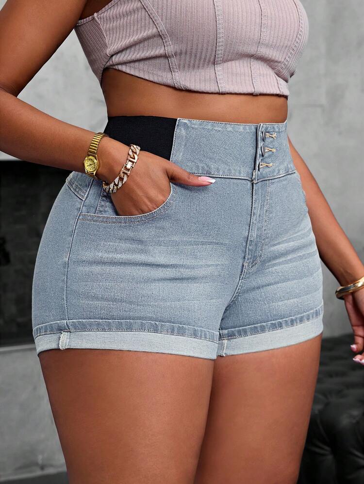 SHEIN SXY Shorts mini para mujer talla grande con elástico - Azul - Añade 3