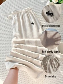 Comfortcana Plus Size Women Drawstring Waist Knight Embroidery Pattern Casual Versatile Daily Wear Pants - Beige - View 8
