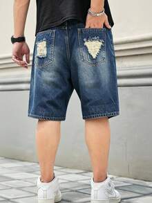 Manfinity Homme Plus Size Men's Casual Pockets Distressed Denim Shorts, Versatile Jean Shorts For Men Ripped, Emo Style - Blue - View 2