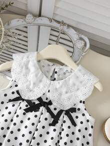 SHEIN Elladie kids 女童波點印花百褶可愛3D蝴蝶結背心與時尚寬鬆短褲套裝，適合日常休閒通勤，極簡時尚穿搭 - 黑與白 - 查看 6