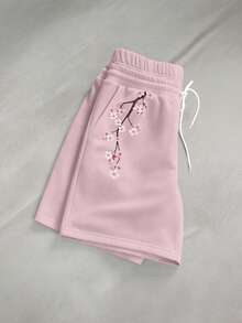 Manfinity Roghcode Pantalones cortos casuales versátiles de uso diario para hombre con cintura con cordón y estampado de letras & flores - Rosa - Ver 3