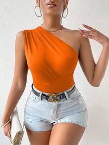 SHEIN PETITE 女款純色單肩抓皺修身百搭日常穿搭上衣 - 橘色 - 查看 8