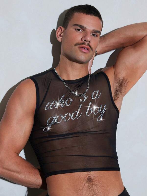 FeverCity Men's Letter Rhinestone Sheer Casual Top