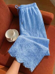 Comfortcana Plus Size Blue Embroidered Loose Pants, Spring/Summer - Blue - View 6