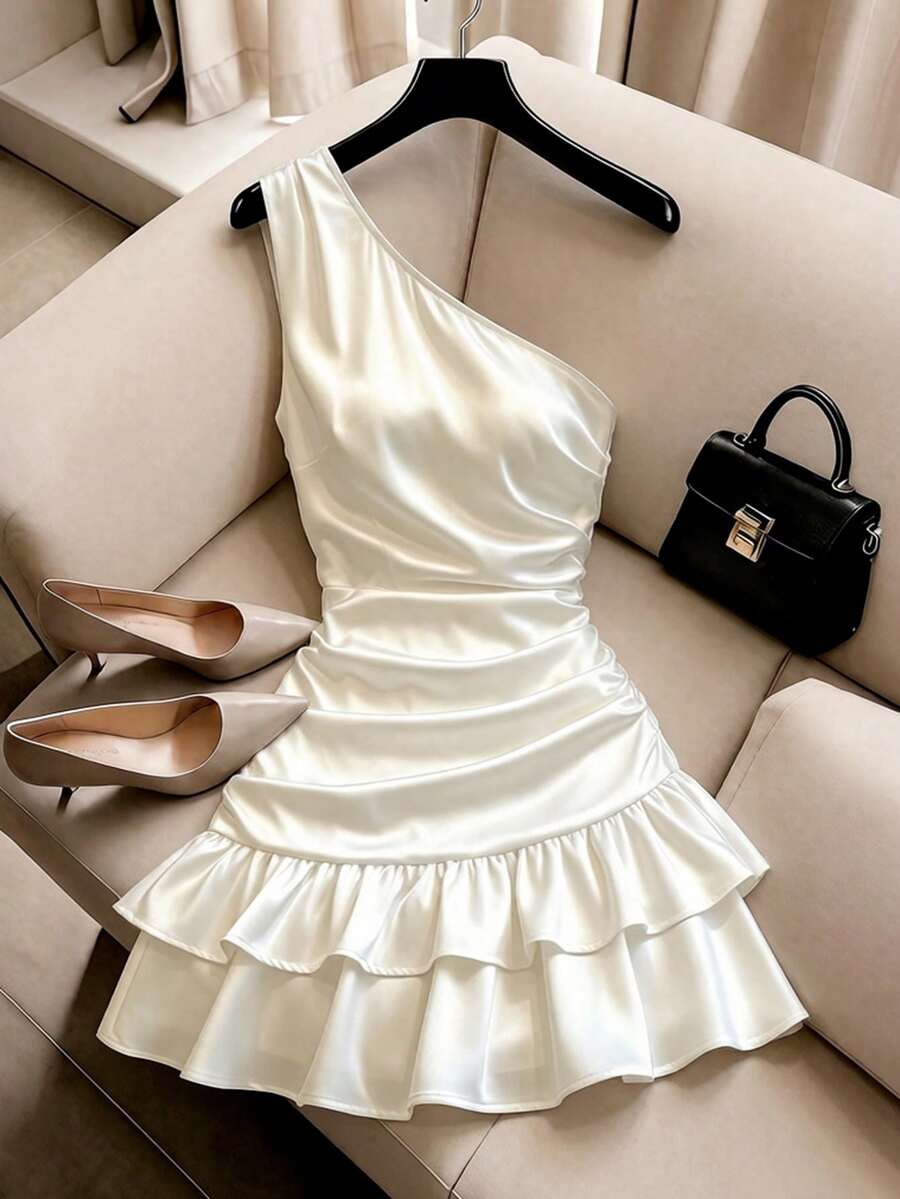 SHEIN Franclia 女款新款白色單肩泡泡紗面料腰部打褶輕便短洋裝,適合派對、度假、日常、海灘、休閒、婚禮、上班穿著 - 白色 - 查看 1