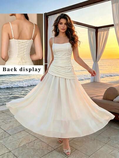Modelyn Elegant Spaghetti Strap Ruched Open Back Tie Waist Flared Hem Fitted Dress