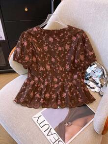 Franclia French Sweet Embroidery V-Neck Short Sleeve Blouse For Women - Brown - View 2