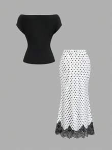 Sweetra Conjunto de Top Ajustado con Hombros Descubiertos Elegante Casual Francés & Falda Vintage con Lunares, Delicado Ribete de Encaje, Estilo de Viaje Juguetón & Sofisticado, Moda Primavera/Verano Versátil Estética de Puro Deseo Conjunto de 2 Piezas para Mujer - Blanco y Negro - Ver 2