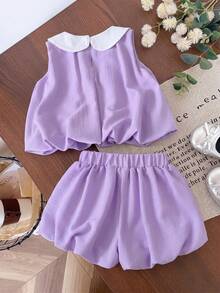 SHEIN Genkimix Kids 2件組少女 3D蝴蝶結裝飾休閒時尚彼得潘領無袖上衣 + 休閒時尚純色鬱金香短褲 - 紫色 - 查看 8
