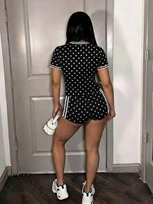 Slaydiva 女款波點印花T恤與短褲兩件套 - 黑色 - 查看 2