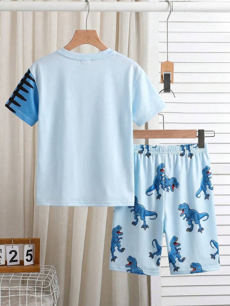 Tween Boy Casual Minimalist Snug Fit Comfortable Short Sleeve Shorts Loungewear, Suitable For Spring/Summer, Classic Cool Cartoon Jurassic Dinosaur Print - Multicolor - View 2