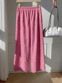 Comfortcana Plus Size Fuchsia Embroidered Loose Pants, Spring/Summer - Hot Pink - View 3