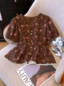 Franclia French Sweet Embroidery V-Neck Short Sleeve Blouse For Women - Brown - View 3