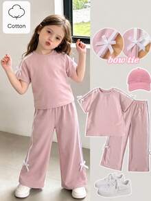 SHEIN Genkimix Kids 2pcs Young Girl Bow Ribbon Decor Casual Fashion Short Sleeve T-Shirt + Bow Ribbon Decor Casual Fashion Straight Leg Pants - Pink - View 2