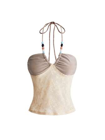 Hippie Vintage Retro Urlaub Inselstil Perlen Spitze Patchwork Neckholder Tanktop für Frauen