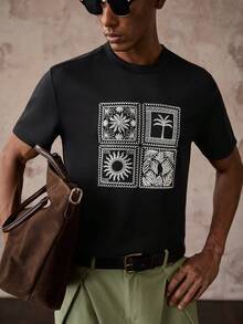 HIMLAND 男士夏季休閒刺繡短袖T恤 - 黑與白 - 查看 3